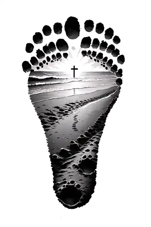 footprints walking in the sand with cross at the end of the beach tattoo design idea