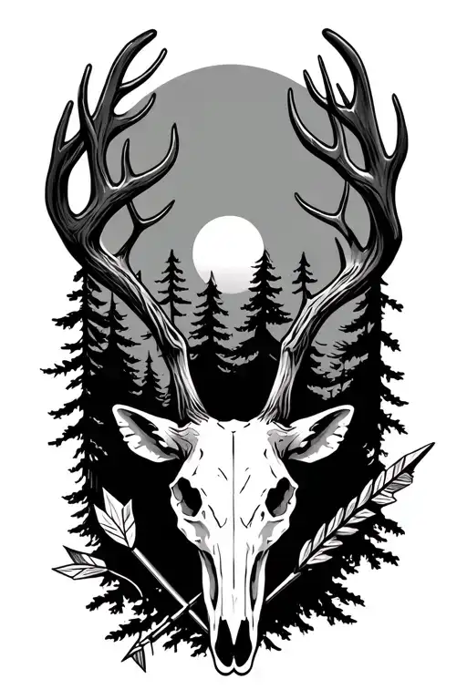 deer skull with trees and arrow tattoo design idea