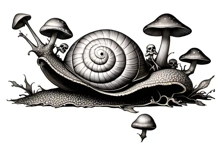 Snail with skulls on it, and mushrooms growing out of the shell tattoo design idea