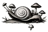 Snail with skulls on it, and mushrooms growing out of the shell tattoo design idea