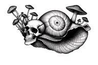 Snail with skulls on it, and mushrooms growing out of the shell tattoo design idea