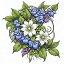 Wreath of laurel wrapped in mistletoe with a bouquet of clematis, datura, and foxglove. tattoo design idea
