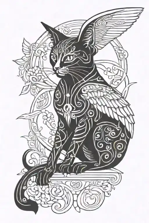 A stylized blackwork tattoo of a cat with wings, symbolizing freedom and travel, incorporating elements of Bastet, your favorite Egyptian goddess, to represent your love for your family tattoo design idea