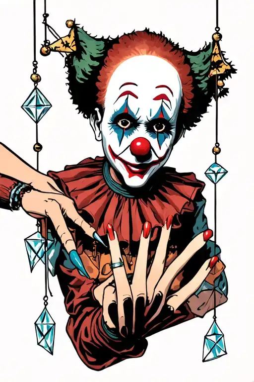 sad clown marionette being controlled by hand with long finger nails. stars, diamonds, pentagrams tattoo design idea