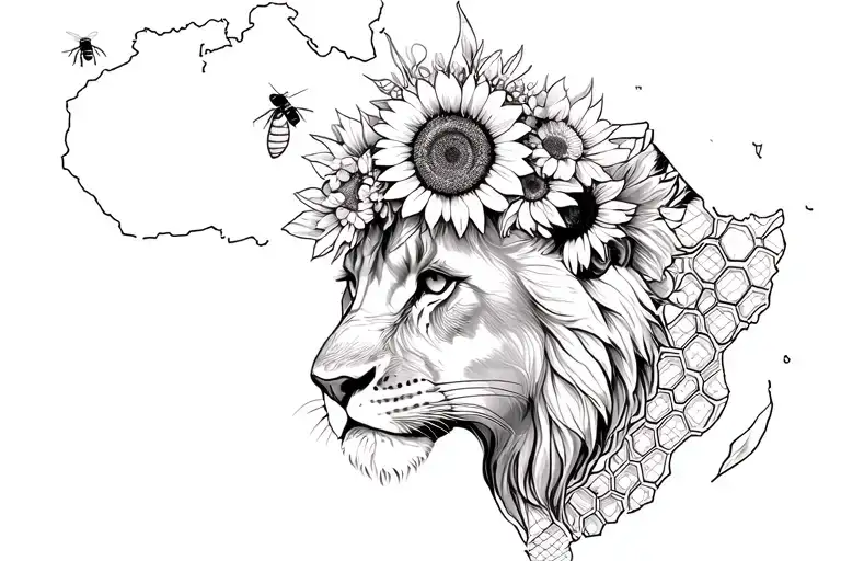 lioness wearing a sunflower crown intergrated with honeycomb, honeybees and an outline of the African continent tattoo design idea