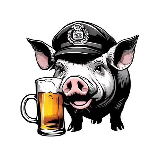 pig with a cop cap drinking beer oldschool black and grey tattoo design idea