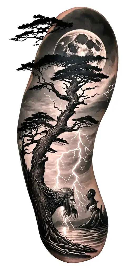 viking rume and moon and freya goddes body tree and lightning bolt tattoo design idea