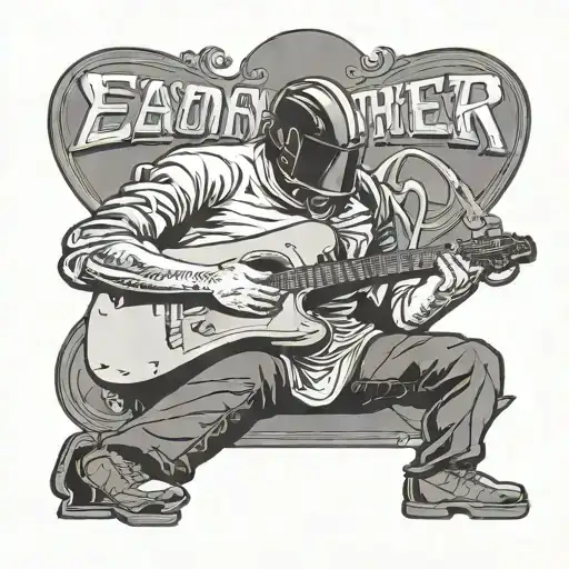 Incorporate the silhouette of an ironworker holding a guitar, with a small Lexus GX470 driving in the background, representing your dedication to your job, family, and passions tattoo design idea