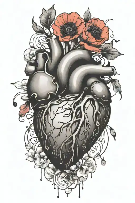 abstract design human heart, poppies, anemones, music, love tattoo design idea