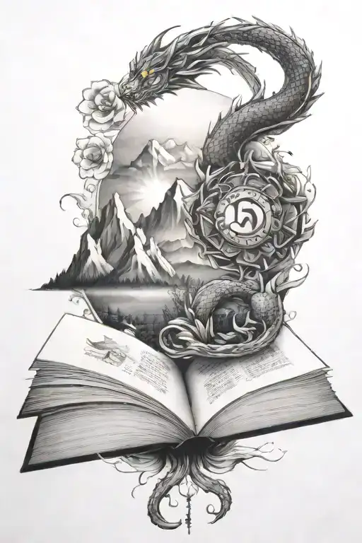 open book with mountains above a dragon, the sun, and iris flower, the number 13, a bears paw print tattoo design idea