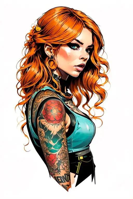 cyberpunk pin up girl, ginger tattoo design idea