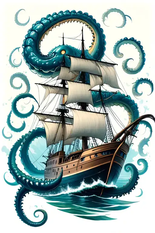 a kraken taking a sailing ship underwater scene. tattoo design idea