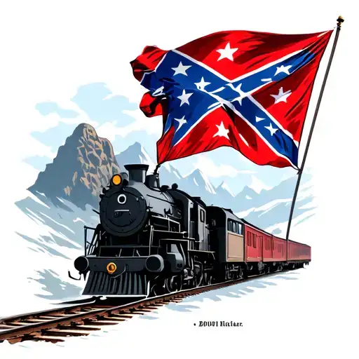 rebel flags on a black train with stone mountajn in the background tattoo design idea
