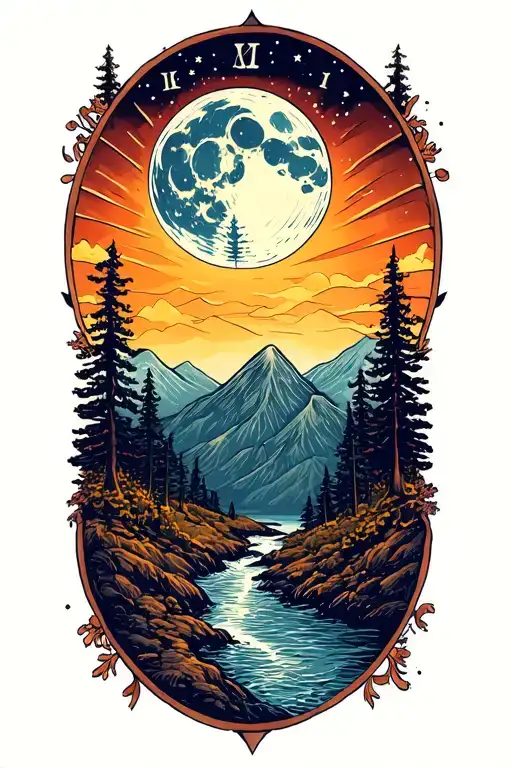 ticktock rain moon creek sun rise maountains tattoo design idea