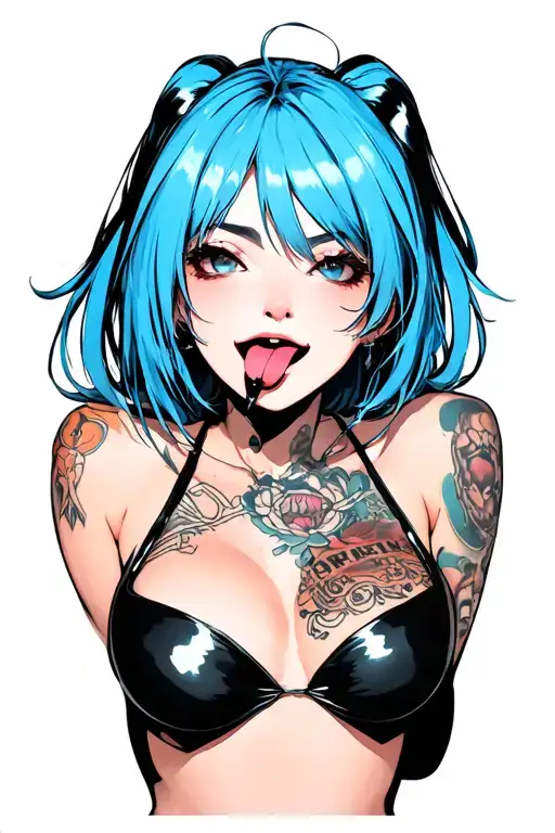 hentail, bdsm, stick out tongue, nymphomaniac face, young, sexy position, latex, orgasm, small boobs, blue hair tattoo design idea