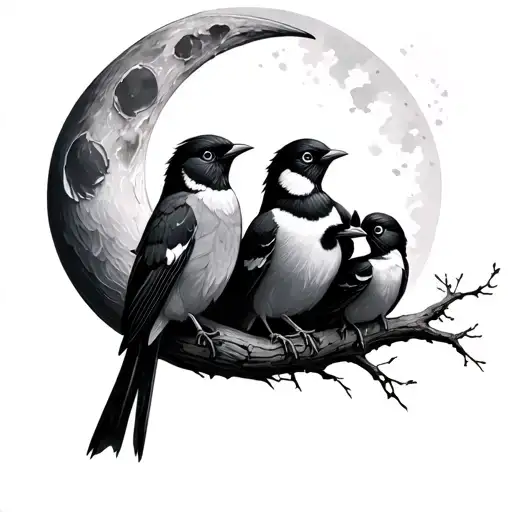 5 birds family, moon tattoo design idea