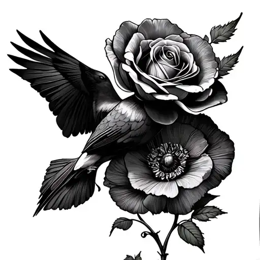 fine line rose, poppy and an outline of a red kite bird tattoo design idea