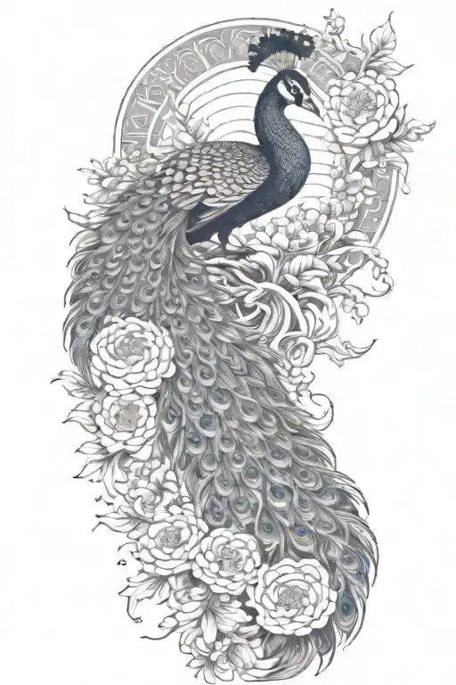 Male Peacock And Chrysanthemum Flowers Japanese Style Around The Arm Line And Shade Work Tattoo tattoo design idea