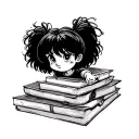 • Character: Mafalda with her messy hair and grumpy expression, just like the image.	• Books: a pile of book tattoo design idea