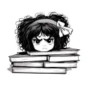 • Character: Mafalda with her messy hair and grumpy expression, just like the image.	• Books: a pile of book tattoo design idea