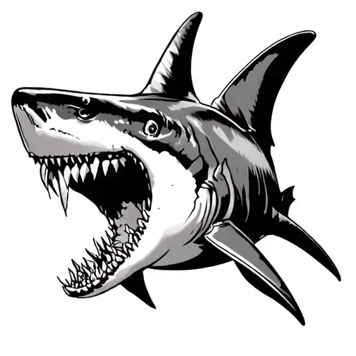 Old, scarred, agressive shark, missing some teeth, it should start from my shoulder and the final point on my tricep tattoo design idea