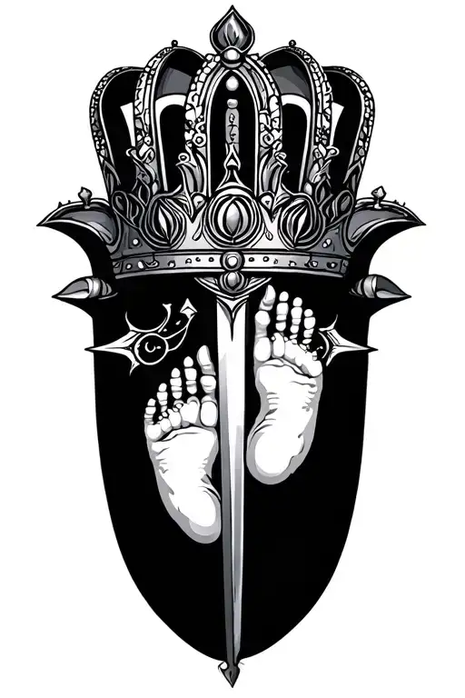 crown with baby footprint, hamsa hand, sword tattoo tattoo design idea