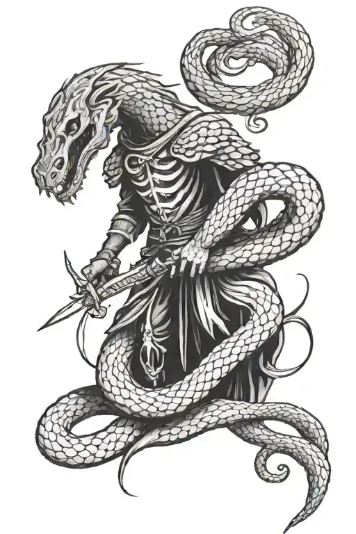 A dark ghost with a sword and a snake tattoo design idea