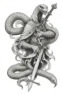 A dark ghost with a sword and a snake tattoo design idea