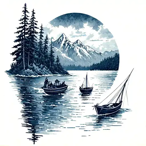 A tattoo to honor my grandpa with the coastal British Columbia mountains and the ocean and a small fishing boat tattoo design idea