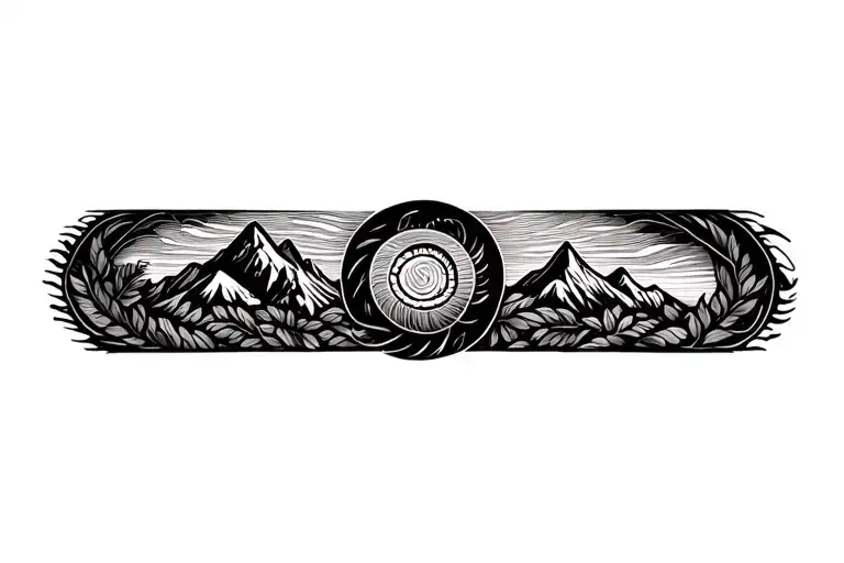 Pachamama spiral with mountain outline intertwined coca leaves tattoo design idea