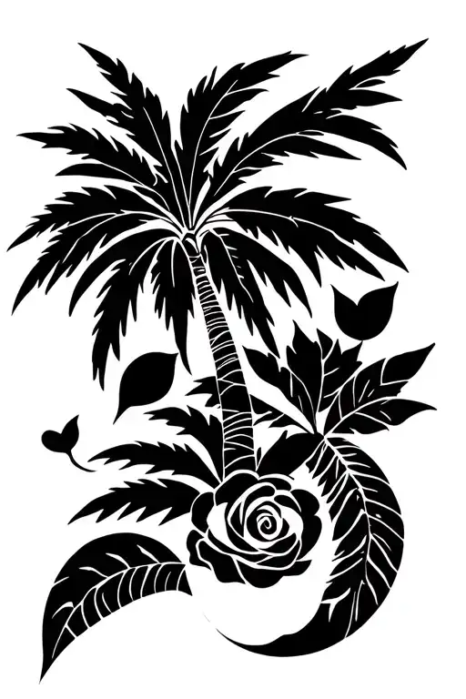 Rose palm tree pompass and live sotry tattoo design idea