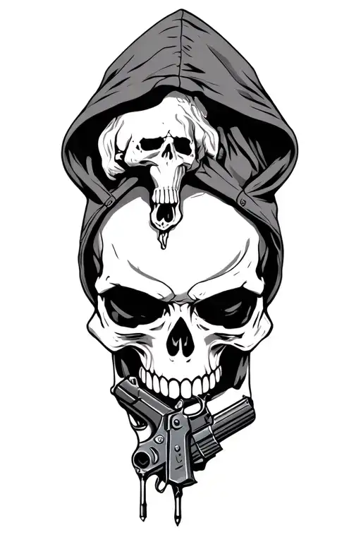 skull with gun in hand with hoody on tattoo design idea