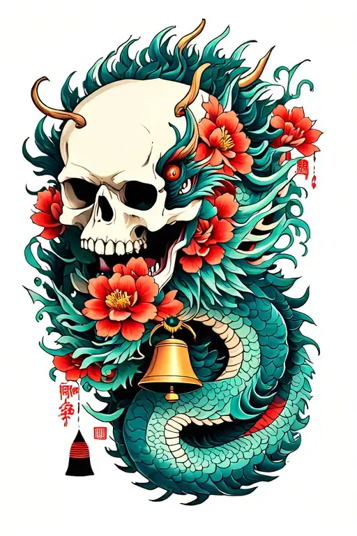 Japanese dragon with skull and Asian flowers and bell tattoo design idea