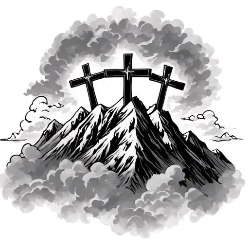 3 crosses on a mountain with clouds surrounding tattoo design idea