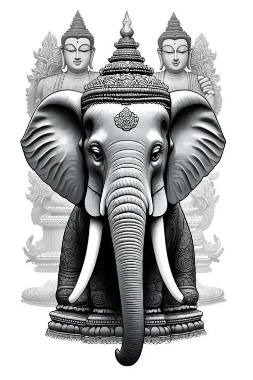 thai elephant head front on with big buddha in background  tattoo design idea