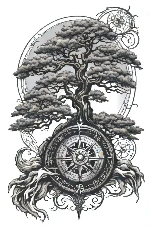 bonsai tree river flowing compass rose tattoo design idea