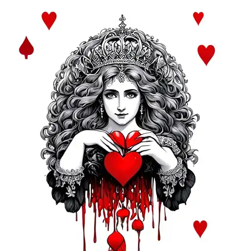 queen of hearts holding bleeding hearts tattoo design idea