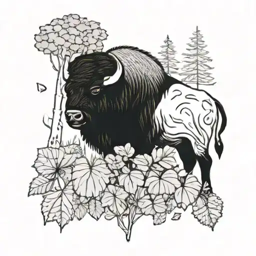 bison with a four-leaf clover in the woods  tattoo design idea