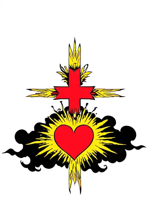 red heart shape, clouds, yellow rays, floral patterns, Norse cross tattoo design idea