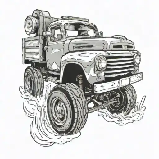 Create a tattoo of a vintage pickup truck carrying a toolbox, representing your love for trucks and woodworking tattoo design idea