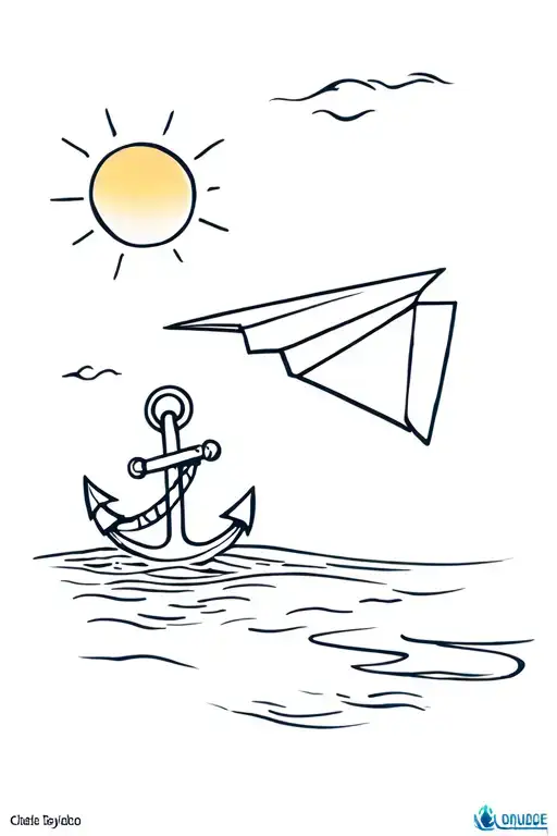sun, sea, anchor, snowdrop, paper plane flying in the sky tattoo design idea