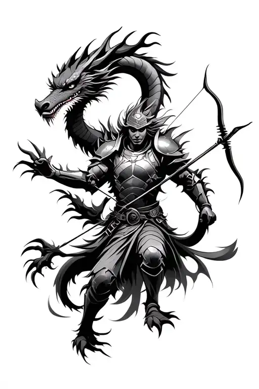 Draw me a tattoo  black and grey, include a Japanese dragon, a valkayrie armored warrior firing a bow and arrow made of  tattoo design idea
