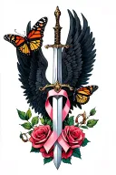 wings with sword and roses with a cancer ribbon and monarch butterflies tattoo design idea