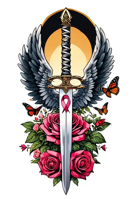 wings with sword and roses with a cancer ribbon and monarch butterflies tattoo design idea