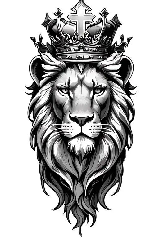 crowned lion face with big cross tattoo design idea