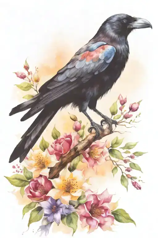  majestic crow perched on a branch, with its dark feathers contrasting against the vibrant colors of the flowers. In its tattoo design idea