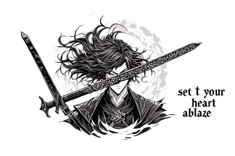 the phrase "set your heart ablaze", with a sword behind and the character Kyojuro Rengoku hair.  tattoo design idea