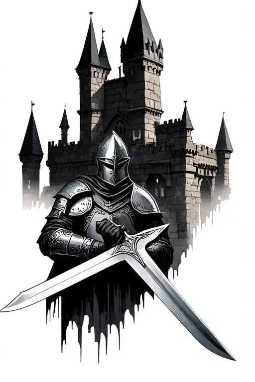 knight holding a sword in front of a gothic castle  tattoo design idea