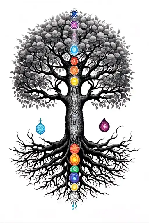 tree of life sorrounded by kundalini serpent that intercepts with each chakra from the roots to the top of the tree tattoo design idea