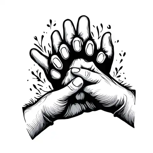 wo hands making a pinky-promise, minimal continuous black line art on white background, small soft dog paw floating abov tattoo design idea